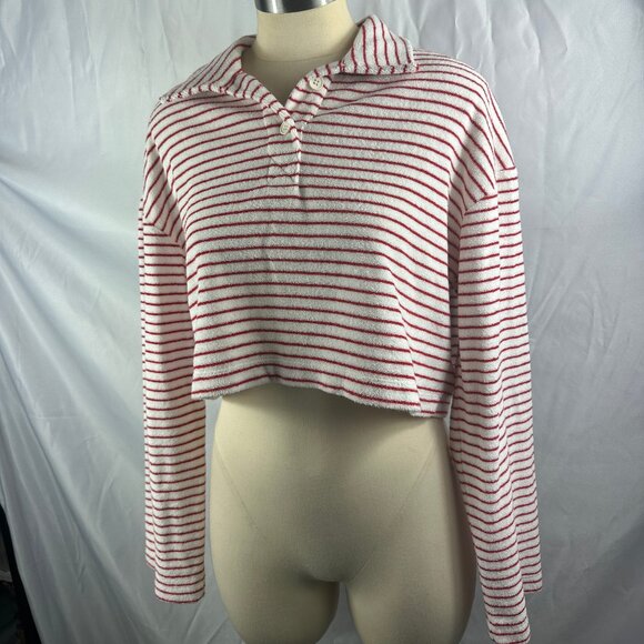 Topshop stripe button up polo sz 4-6 crop red and white - Picture 1 of 12